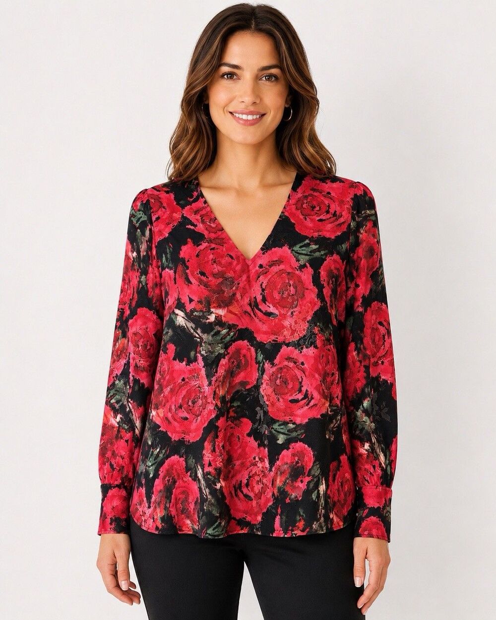 Rachel Zoe Floral V Neck Blouse Women’s Medium Black Pink Rose Long Sleeve Top